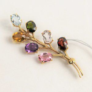 ESTATE VINTAGE JEWELRY 14KT GOLD & NATURAL COLORFUL GEMSTONE BROOCH
